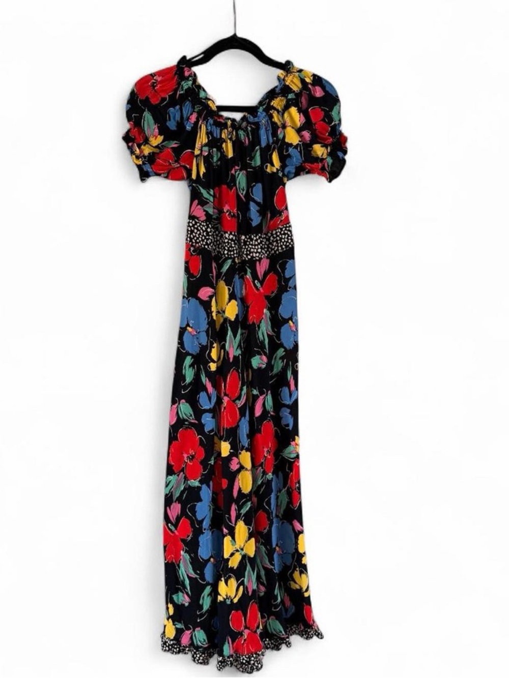 RIXO Black Maxi Dress with Bright Floral Print And Polka Dots-Size XS